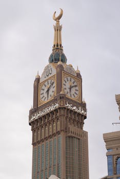 Vertical view of Makkah Royal Clock Tower in Saudi Arabia, showcasing postmodern architecture.