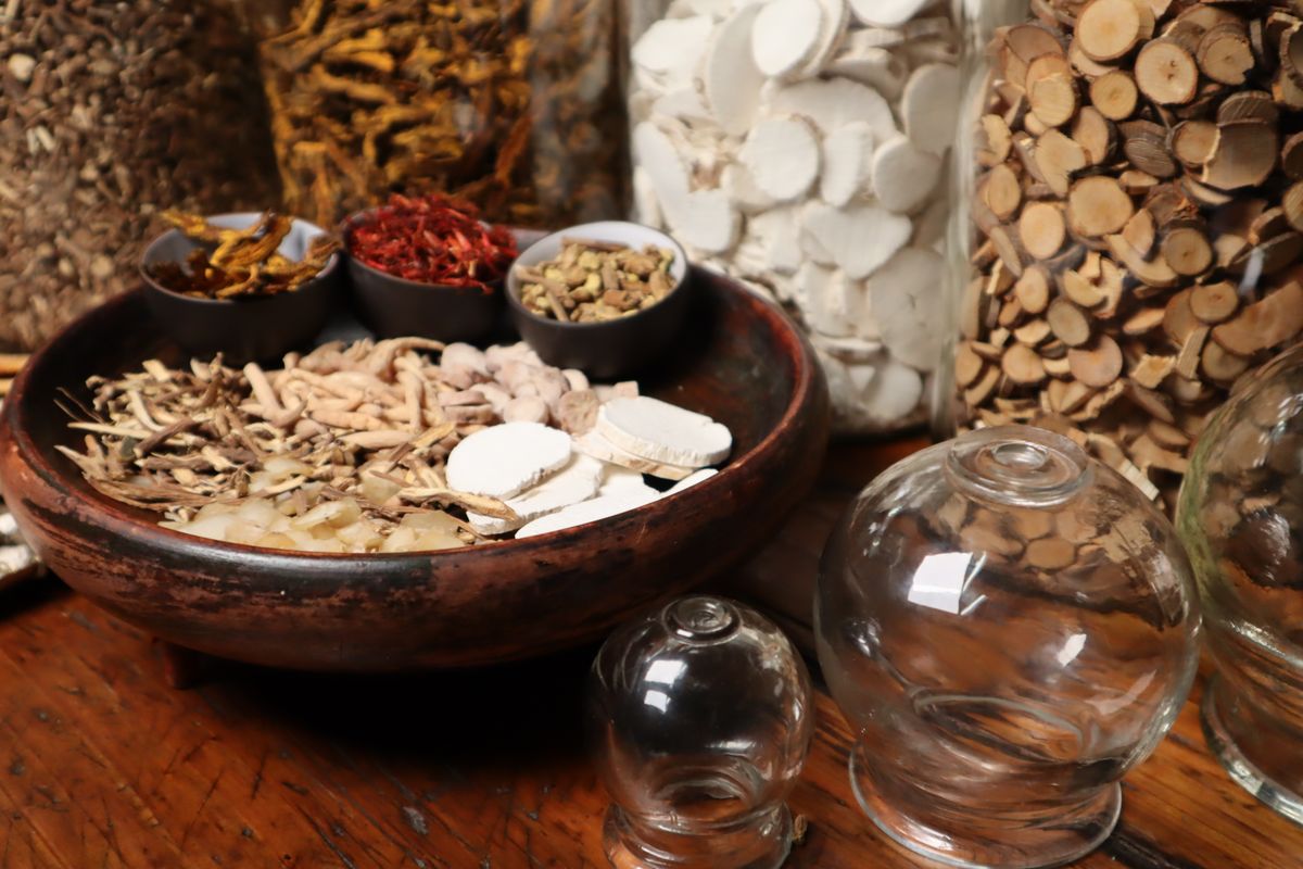 Close-up of natural herbal remedies used in naturopathic medicine