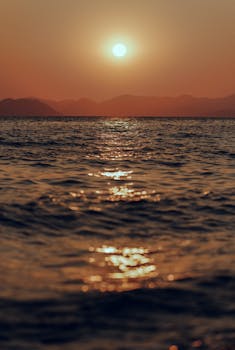 Serene ocean view at sunset with golden reflections on the water's surface.