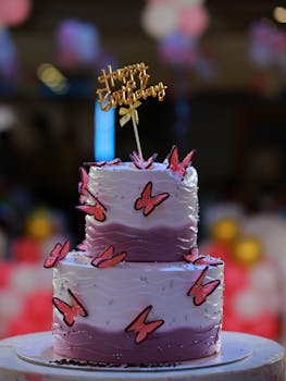 Elegant two-tier birthday cake adorned with pink butterflies and a purple gradient, perfect for celebrations.