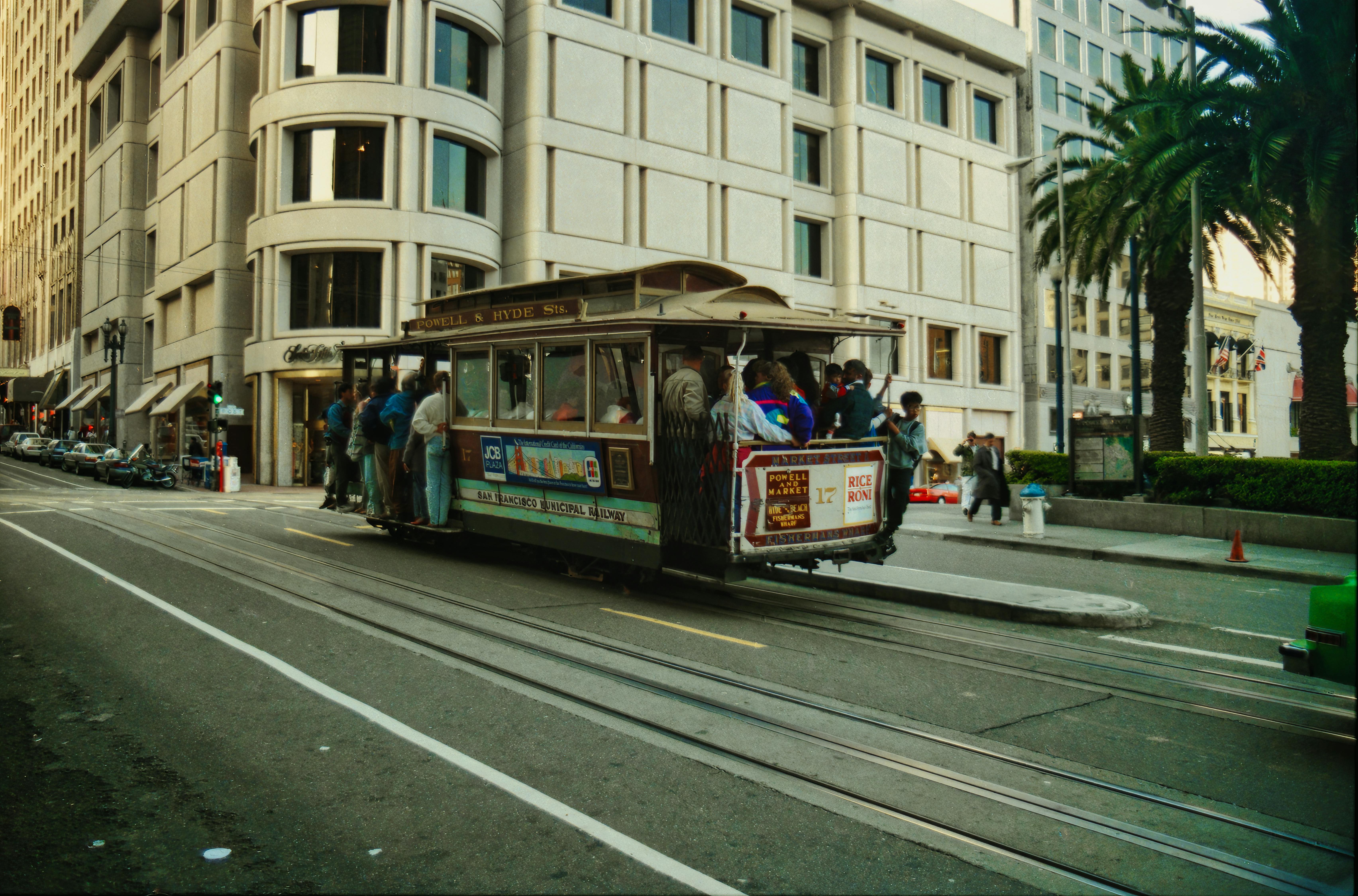 San Francisco cable car + city streets — 1873 world's last manually-operated + 3 active lines + National Historic Landmark