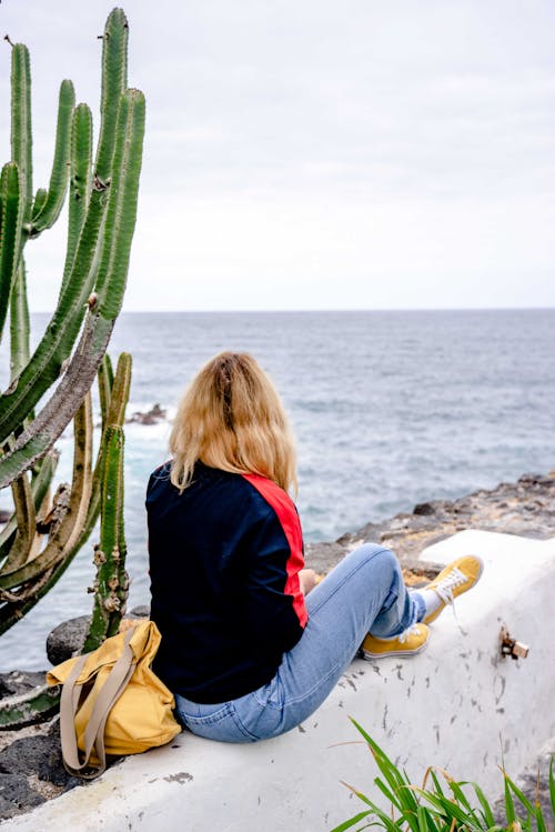 Woman in Jacket Sitting Beside a Cactus Plant