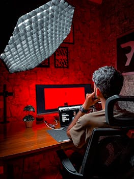 A freelancer working on a laptop in a dimly lit studio with red ambient lighting, focusing on coding.