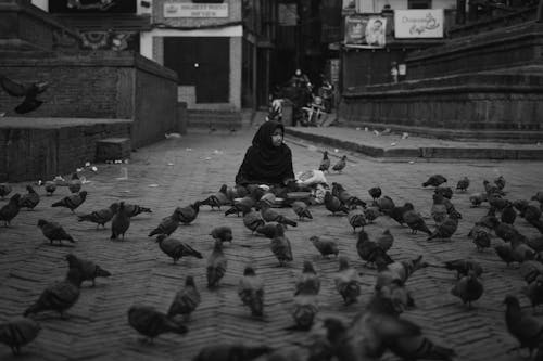 Street Vendor Sitting on the Street with Flock of Birds