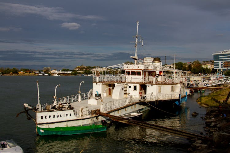 Ferry In Port Near Waterfront City