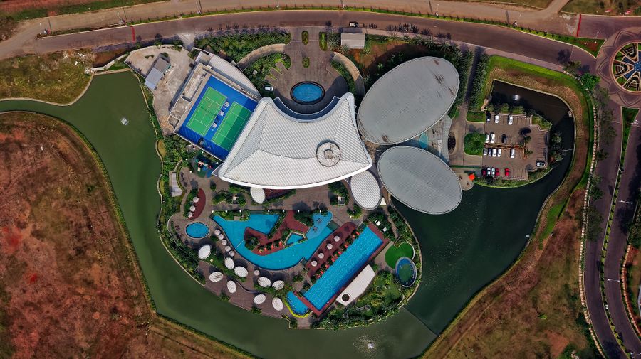 Modern building with swimming pool and clean architectural design