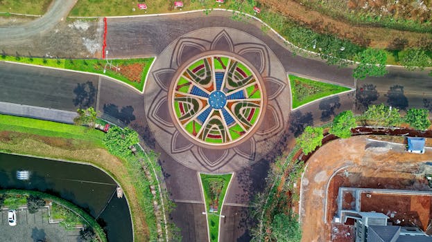 Captivating aerial view of a decorated roundabout in Sindang Jaya, Banten, Indonesia.