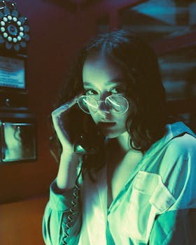A young woman with glasses uses a retro landline phone in a dimly lit setting, evoking nostalgia.