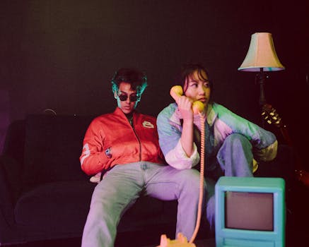 A stylish couple in a retro setting with vintage decor, exuding a nostalgic vibe.