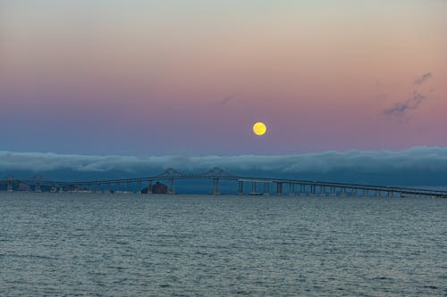 San Francisco Bay at Dusk with a Golden Full Moon in a Purple Sky