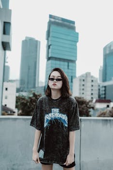 Fashionable woman in sunglasses posing against Jakarta's modern skyline.