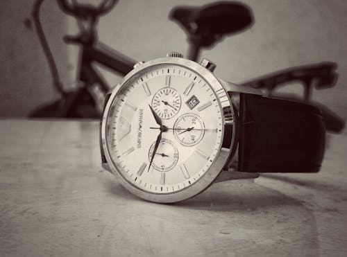 Black Strap Silver Round Chronograph Watch