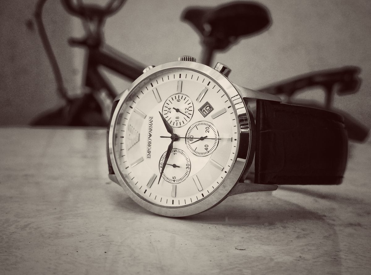 Watch on a leather strap, close-up, at Saltzman's Watches