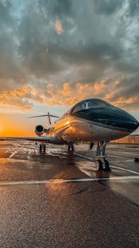 A sleek private jet parked on a wet tarmac during a colorful sunset at an airport.