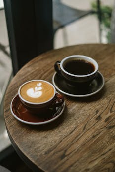 Two coffee cups, one with a latte art design and the other filled with black coffee, placed on a wooden table.