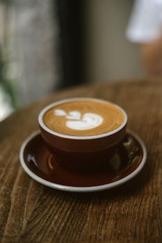 Beautiful latte art in a ceramic cup on a wooden table, perfect for coffee lovers.
