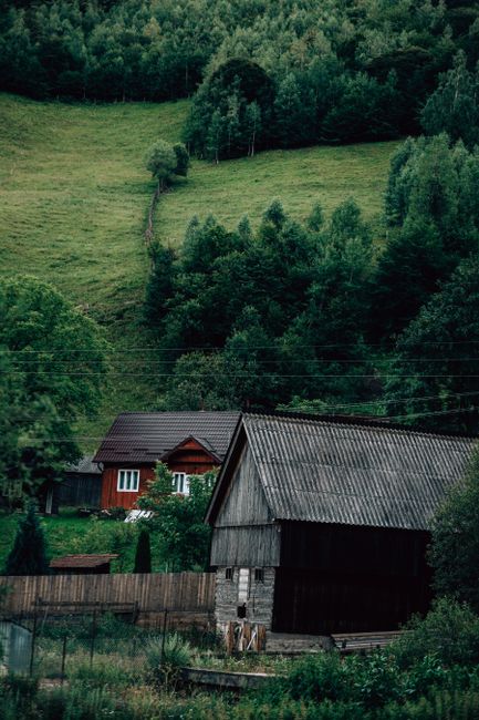 Charming rural scene showcasing wooden houses amidst lush green hills and dense forest.