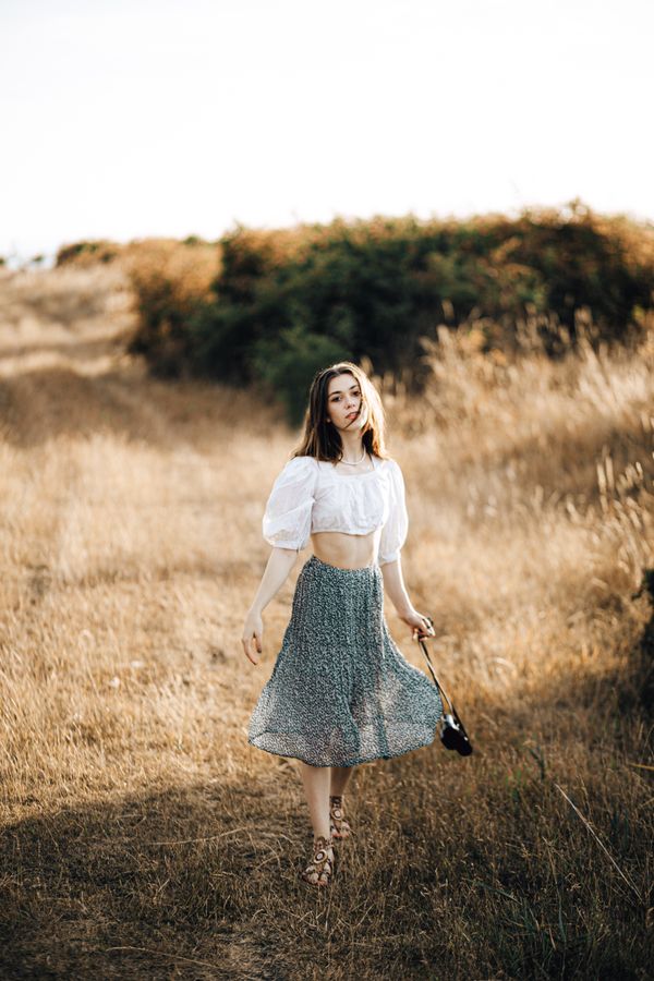 Ruffle blouse with camel wool skirt