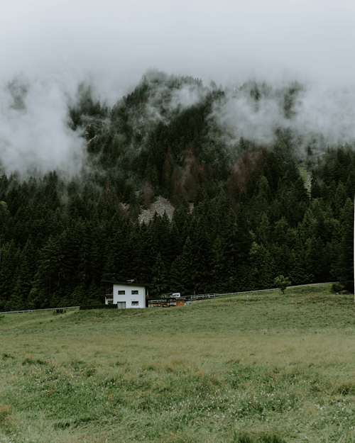 Beautiful House on the Middle of a Field Near Green Trees Under Foggy Sky