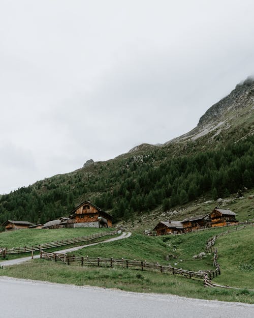 Gratis stockfoto met bergen, groene bomen, houten huizen