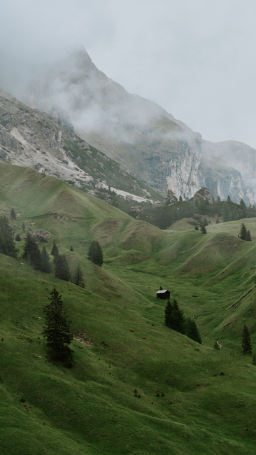 Serene misty mountain landscape with lush green valleys and a lone house.