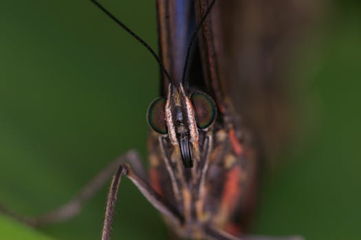 Extreme close-up of a blue morpho butterfly showcasing intricate details.
