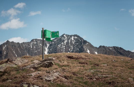 A vibrant green signpost on a rocky hill with a backdrop of snow-capped mountains in Tirol, Austria.