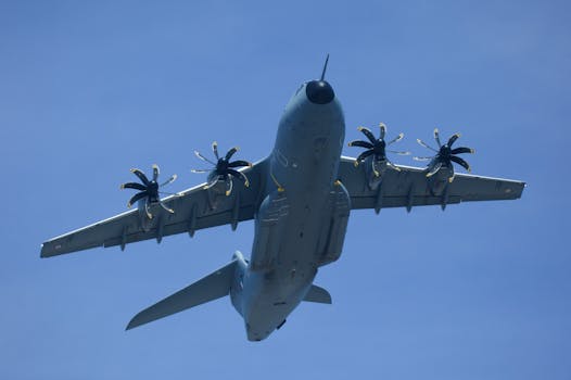 Low angle view of a large military airplane in flight against a clear blue sky.