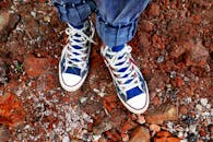 Person in Blue Denim Jeans in Blue and White Sneakers