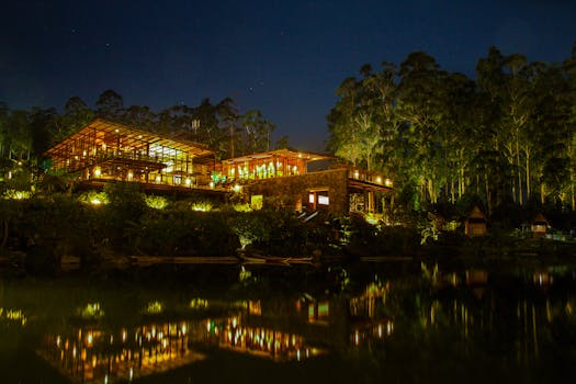 夜晚湖畔的现代房屋令人惊叹，树木倒影在明亮的灯光下