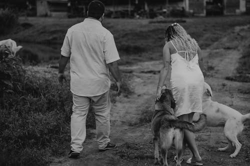 Grayscale Photo of a Man and a Woman Walking with Dogs