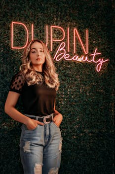 Stylish woman standing confidently in front of a neon sign at a beauty salon.