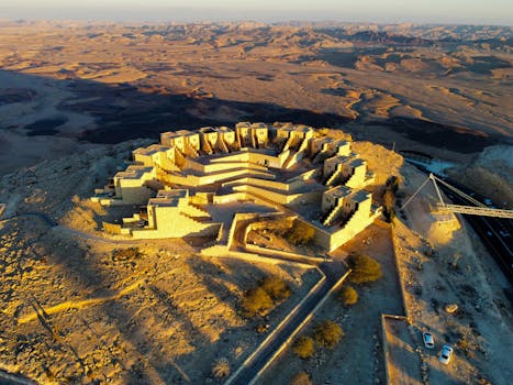 A breathtaking aerial view of Mitzpe Ramon Crater in Israel's Negev Desert, showcasing stunning stone buildings at sunset.