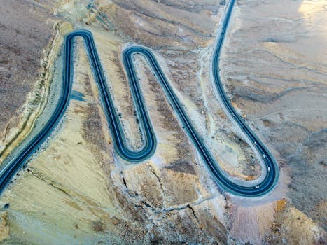 Scenic aerial view of a zigzag road cutting through the arid landscape of Mitzpe Ramon, Israel.