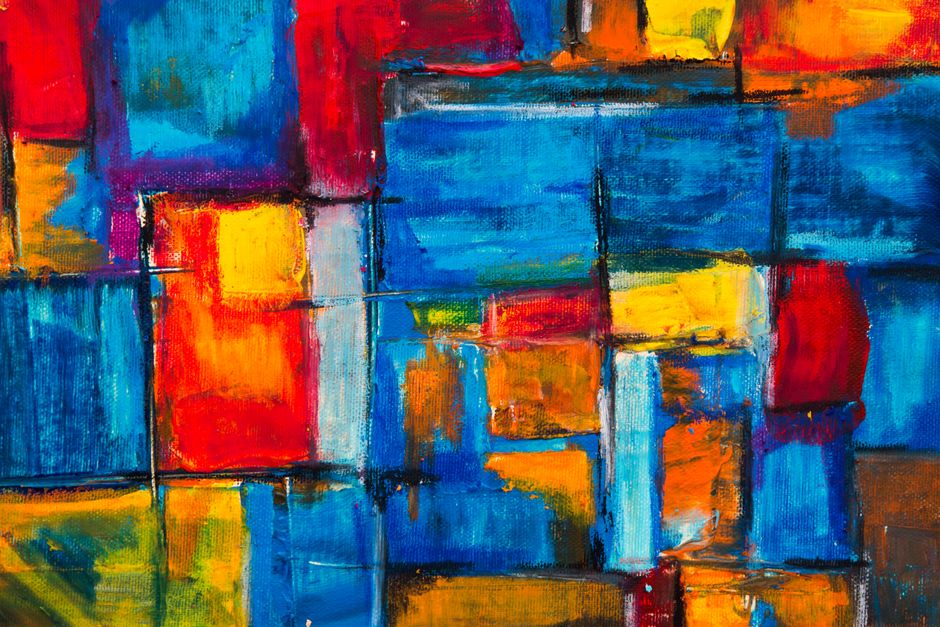 Colorful abstract painting with vivid blue, red, and yellow hues