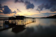 宁静的湖滨、码头轮廓与日落天空，非常适合大自然爱好者