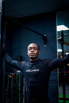 Black athlete posing confidently in gym environment, wearing stretched sports apparel.