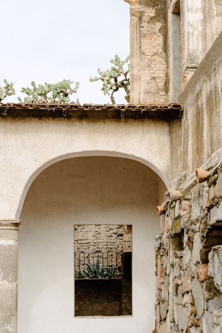 Charming rustic archway of an old stone building with plants.