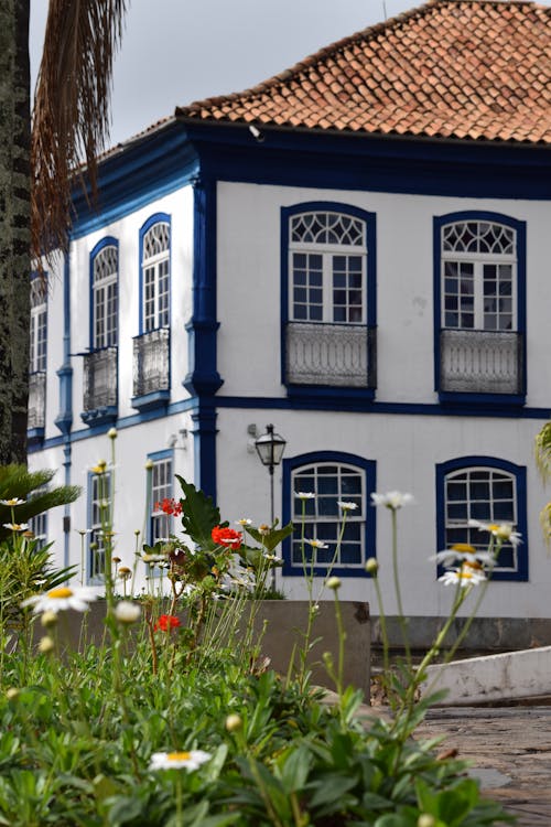 White and Blue Mansion with Roof Tiles