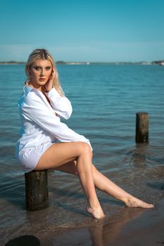 A young blonde woman poses by the sea, sitting on a wooden pillar at the beach.