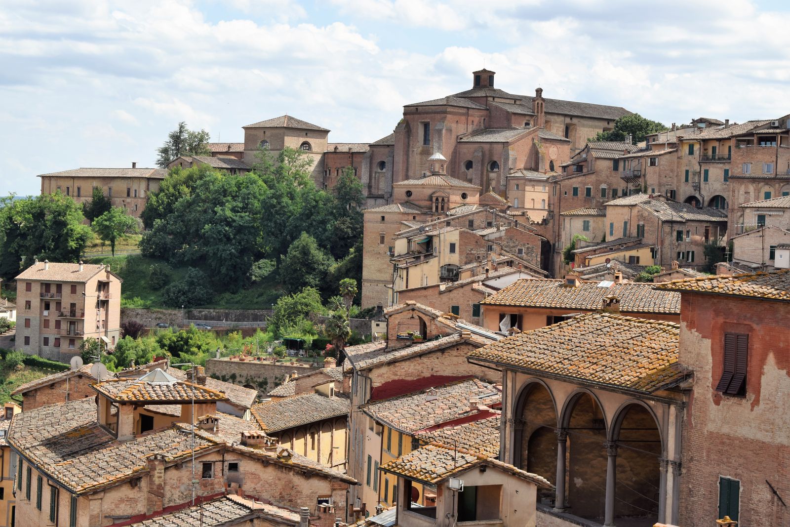 Rooftops and a tall brick tower rising over a historic Tuscan hill town