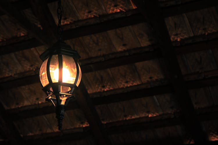 Lit Pendant Light Hanging From The Ceiling