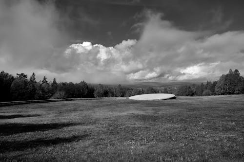 A Grayscale Photo of a Grass Field Under the Cloudy Sky