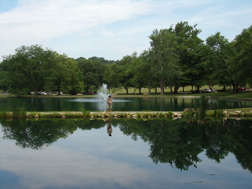 Man fishing by a tranquil pond with trees and reflection in summer park setting.
