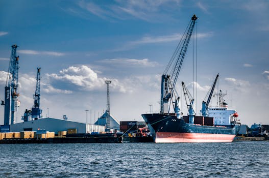 A vibrant scene of a cargo ship loaded with containers at a busy harbor under a clear blue sky.