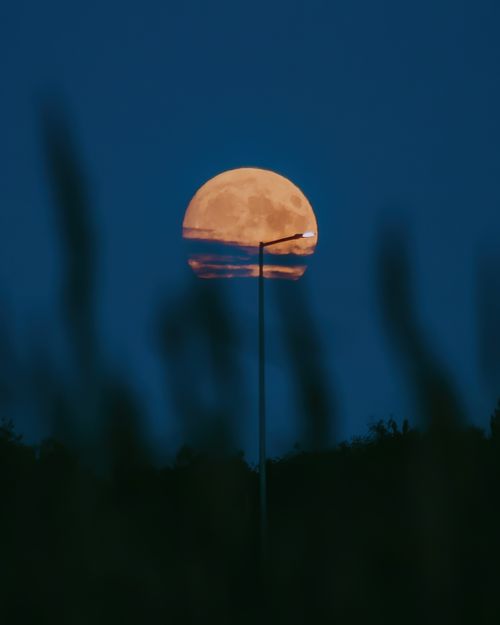 Free A striking full moon rises behind a street lamp, silhouetted against a deep blue night sky. Stock Photo