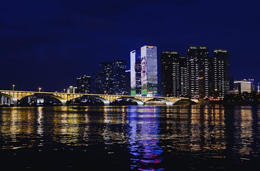 Illuminated city skyline with stunning reflections over a river at night.