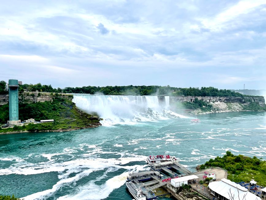 Niagara Falls USA Premium Tour: Helicopter & Maid of the Mist - A breathtaking aerial view of Niagara Falls showcasing its powerful water flow and mist.