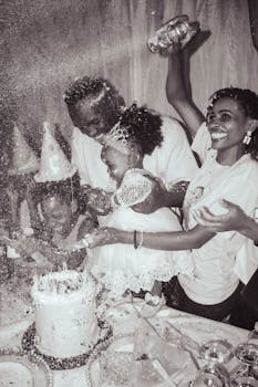 Happy family celebrating a birthday with cake and confetti indoors. Laughter and joy fill the atmosphere.