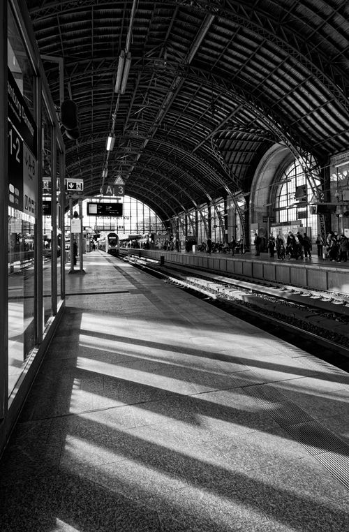 Free Captivating black and white view of a bustling train station in Germany, emphasizing architectural design. Stock Photo